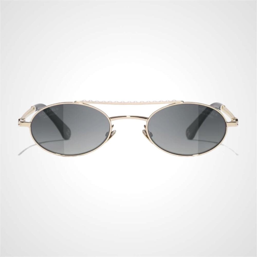 New CHANEL Sunglasses Gold Metal Polarized Oval White Pearl Arms Authentic Women - Picture 2 of 5